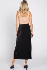 Black Pleated Side Slit Midi Skirt