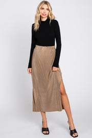 Mocha Pleated Side Slit Midi Skirt