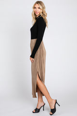 Mocha Pleated Side Slit Midi Skirt