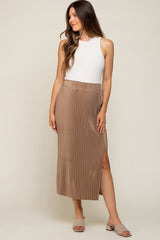 Mocha Pleated Side Slit Maternity Midi Skirt