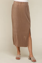 Mocha Pleated Side Slit Maternity Midi Skirt