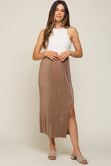 Mocha Pleated Side Slit Maternity Midi Skirt