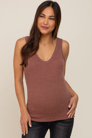 Brown Ribbed V-Neck Sleeveless Maternity Top