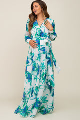 Blue Brush Stroke Print Chiffon Maternity Maxi Dress