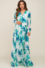 Blue Brush Stroke Print Chiffon Maternity Maxi Dress