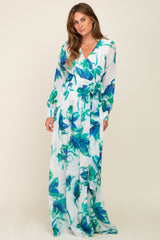 Blue Brush Stroke Print Chiffon Maternity Maxi Dress