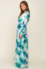 Blue Brush Stroke Print Chiffon Maxi Dress