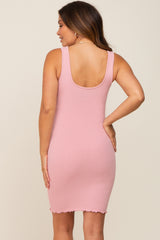 Pink Ribbed Sleeveless Lettuce Hem Maternity Dress