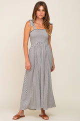 Black Striped Smocked Shoulder Tie Maternity Maxi Dress