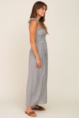 Black Striped Smocked Shoulder Tie Maxi Dress