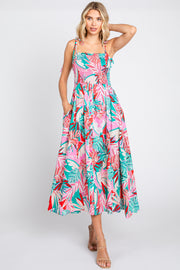 Turquoise Leaf Print Button Accent Maxi Dress