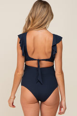 Navy Blue Ribbed Cutout Flutter One Piece Maternity Swimsuit