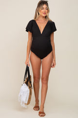 Black Deep V-Neck Flounce Maternity One Piece Swimsuit