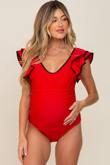 Red Color Blocked Ruffle Shoulder Cutout Back Maternity One Piece Swimsuit