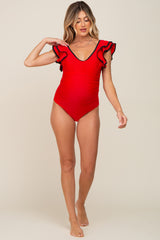 Red Color Blocked Ruffle Shoulder Cutout Back Maternity One Piece Swimsuit