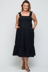 Black Ruffle Strap Back Tie Maternity Plus Midi Dress