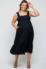 Black Ruffle Strap Back Tie Maternity Plus Midi Dress