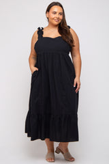 Black Ruffle Strap Back Tie Maternity Plus Midi Dress