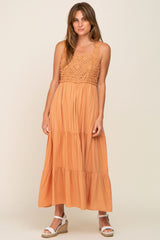 Peach Crochet Tiered Midi Dress