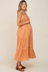 Peach Crochet Tiered Maternity Midi Dress