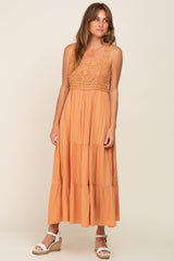 Peach Crochet Tiered Midi Dress