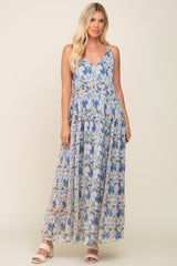 Blue Floral Chiffon Sleeveless Maxi Dress