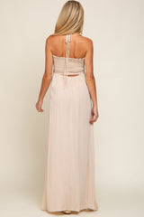 Beige Smocked Halter Maternity Maxi Dress