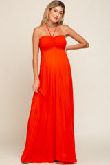 Orange Smocked Halter Maternity Maxi Dress