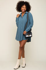 Teal Pinstriped Button-Down Linen Dress