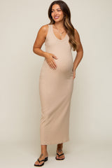 Beige Sleeveless Ribbed Maternity Maxi Dress