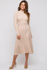 Beige Rib Knit Mock Neck A-Line Dress