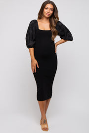 Black Floral Puff Sleeve Maternity Midi Dress