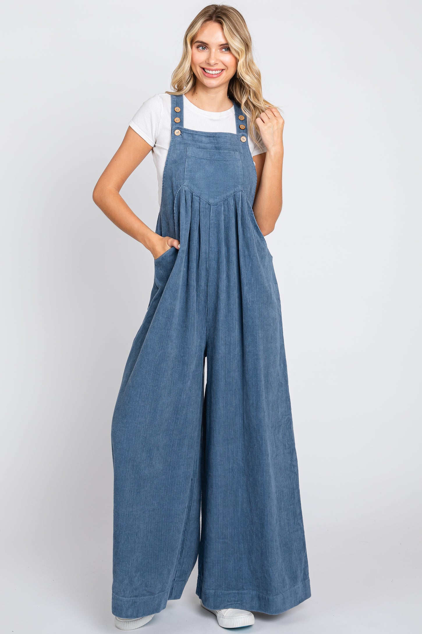 Blue Corduroy Front Pleated Wide Leg Overalls– PinkBlush