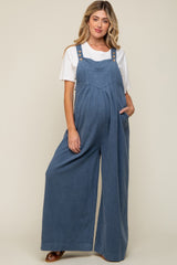 Blue Corduroy Front Pleated Wide Leg Maternity Overalls