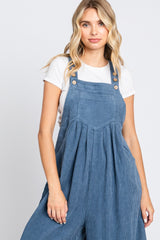 Blue Corduroy Front Pleated Wide Leg Overalls