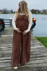 Mocha Corduroy Front Pleated Wide Leg Maternity Overalls