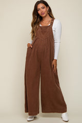 Mocha Corduroy Front Pleated Wide Leg Maternity Overalls