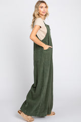 Olive Corduroy Front Pleated Wide Leg Overalls