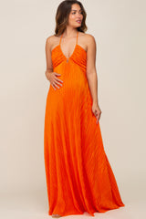 Orange Plisse Halter Back Tie Maternity Maxi Dress