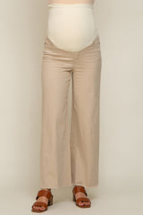 Beige Wide Leg Raw Hem Maternity Jeans