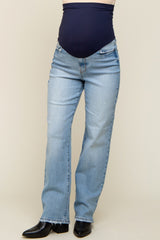 Light Blue Straight Leg Distressed Hem Maternity Jeans