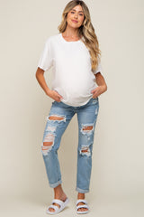 Light Blue Distressed Cuffed Maternity Skinny Jeans