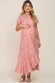 Red Floral Short Sleeve Maternity Wrap Maxi Dress