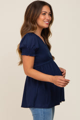 Navy Puff Sleeve Crossover Maternity/Nursing Top