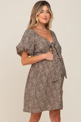 Cream Cheetah Print Knotted Puff Sleeve Maternity Dress