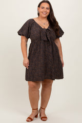 Navy Cheetah Print Knotted Puff Sleeve Plus Dress