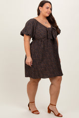 Navy Cheetah Print Knotted Puff Sleeve Plus Dress