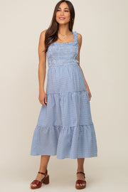 Blue Gingham Smocked Tiered Maternity Midi Dress