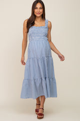 Blue Gingham Smocked Tiered Maternity Midi Dress