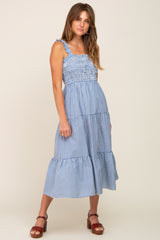 Blue Gingham Smocked Tiered Maternity Midi Dress